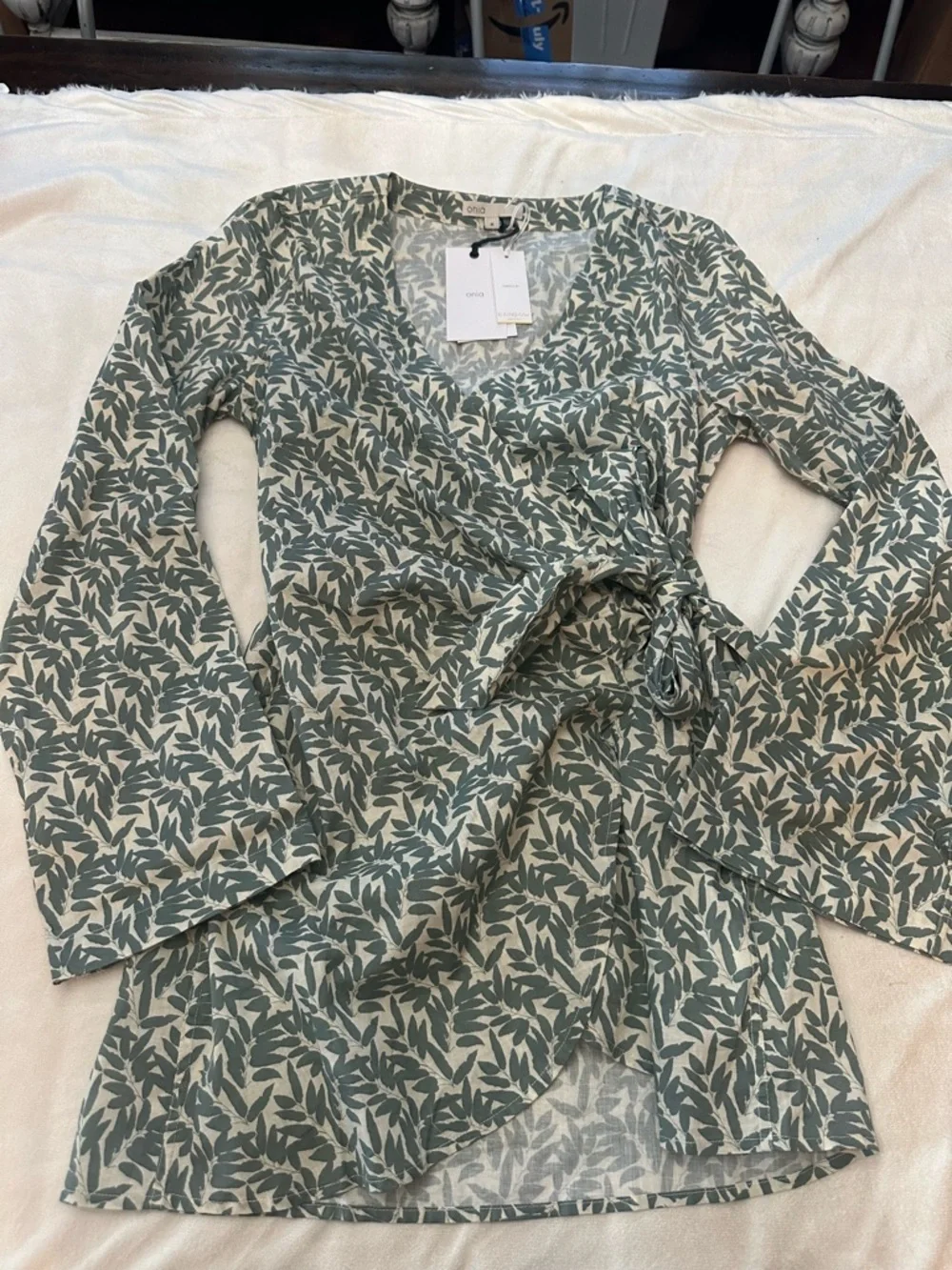 New! Onia Sage Green Air Linen Wrap Mini Dress Size large NWT 38382